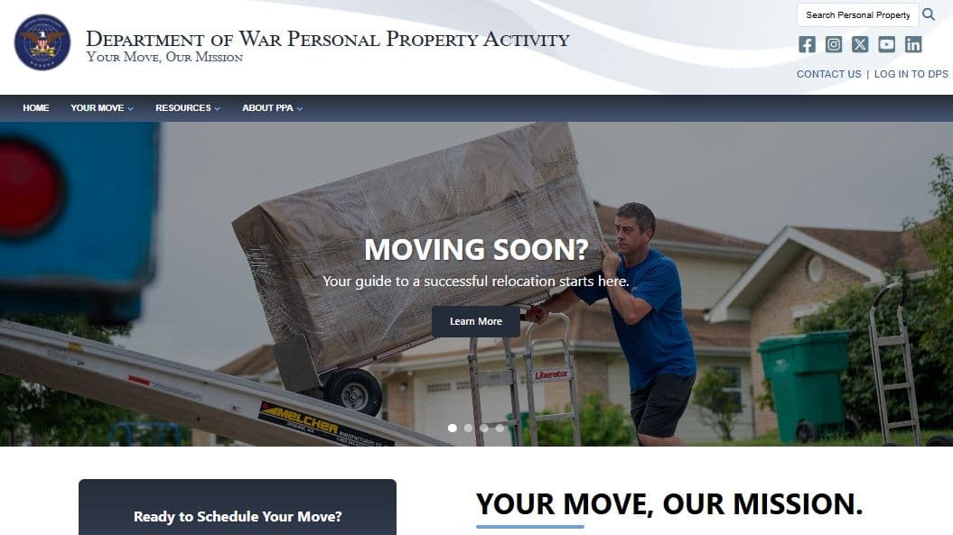 Website homepage for DoD's PCS process.